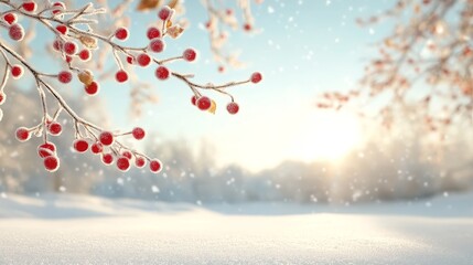 Close-up of frost-covered red berries vibrant and colorful winter detail, photorealistic