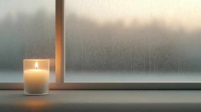 Frost-covered windows with a candle glowing inside warm and cozy winter evening, photorealistic