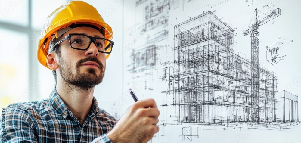 Poster architect drawing construction plans on a whiteboard, wearing a helmet and glasses while standing in