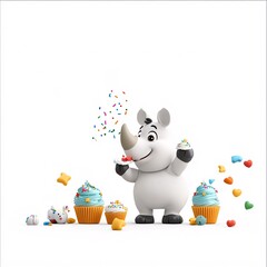 Naklejka premium Cheerful Cartoon Rhinoceros with Cupcakes and Sprinkles