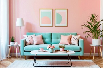 A cute living room with a sofa and table with pastel colors.