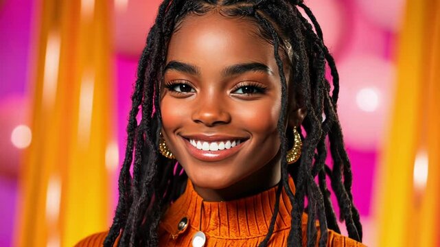 Joyful woman with dreadlocks and bright outfit against vibrant backdrop