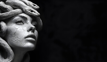 Gorgon Medusa black and white, white plaster sculpture isolated on black background. Abstract modern art portrait. Portrait of girl with snakes on her head. Copy space. Empty background.