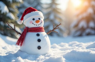 Fototapeta premium a snowman in a Christmas hat in the snow,