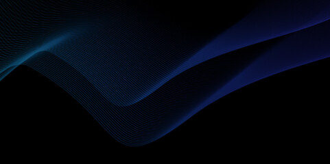 Obraz premium Abstract black background with blue smoke blend wave lines and technology background. Technology flow grid blend curve wave line digital isolated energy, music dynamic gradient thin digital line.