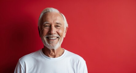 Obraz premium caucasian elderly man red background wearing plain white tshirt smiling happy portrait