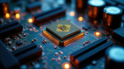 A microprocessor featuring Delaware flag is installed on a circuit board, illuminated by glowing lights, representing role in global tech and semiconductor industries
