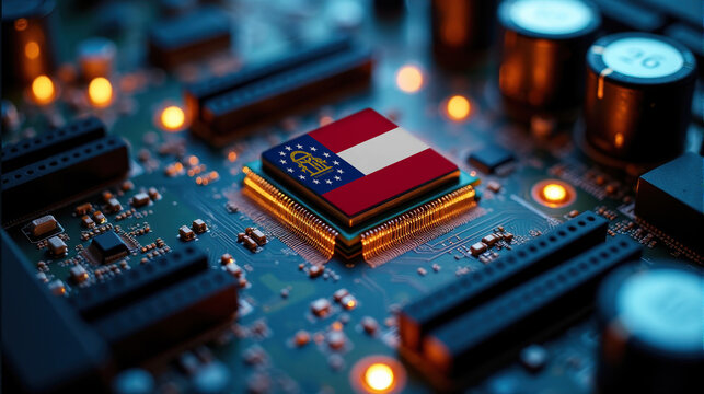A microprocessor featuring Georgia flag is installed on a circuit board, illuminated by glowing lights, representing role in global tech and semiconductor industries