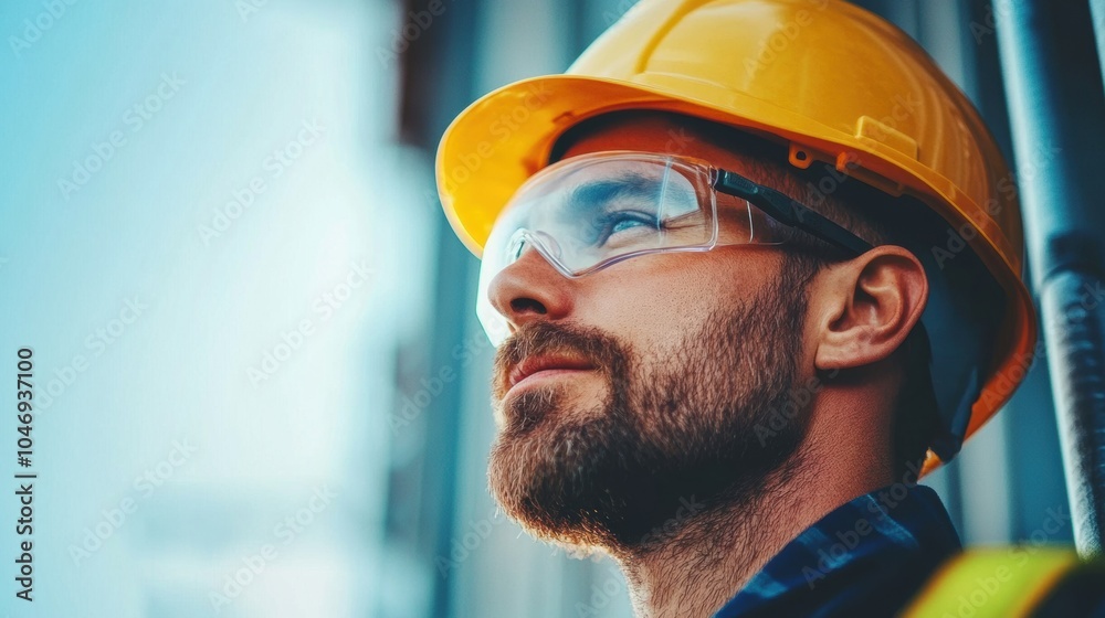 Poster a construction worker wearing safety glasses and a hard hat gazes thoughtfully at the ongoing buildi