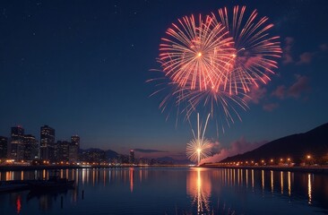 fireworks over the lake in the evening
