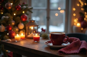 Fototapeta premium christmas table setting with candles and cup of coffee