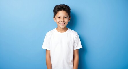caucasian teen boy blue background wearing plain white tshirt smiling happy portrait