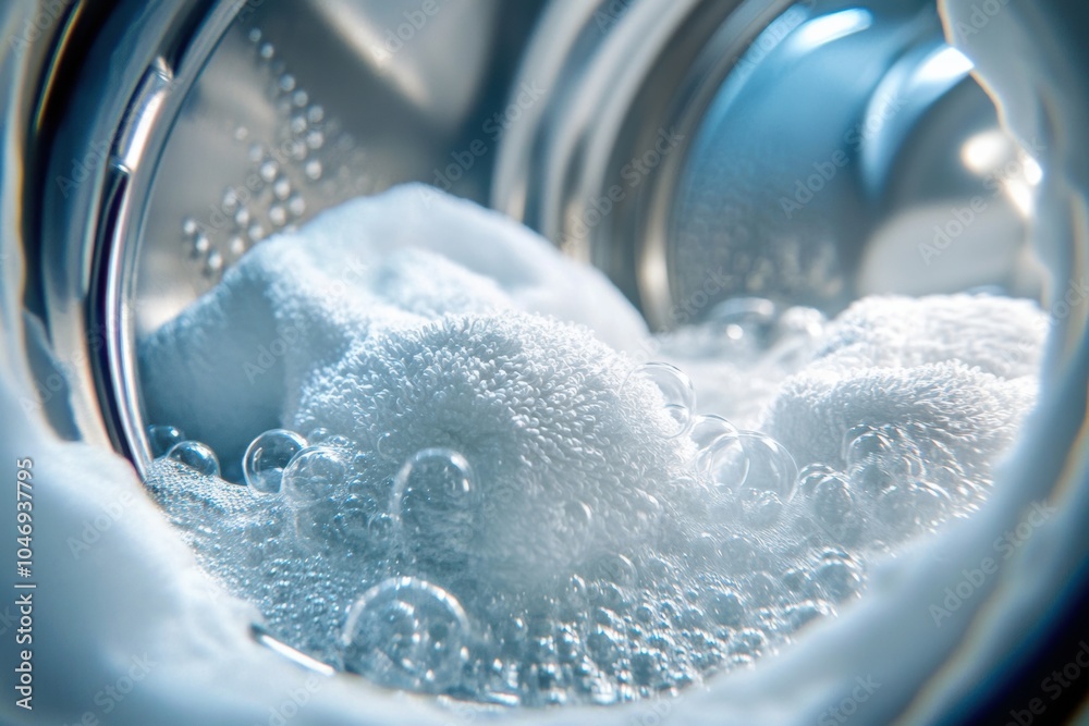 Poster white towels are soaking in soapy water inside a washing machine drum, creating a bubbly texture dur