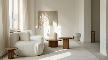 A cozy and inviting living space featuring a minimalist white canvas setting, Showcasing minimalist furniture arrangements for a warm and welcoming ambiance