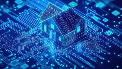 A blue digital background with an illustration of a house surrounded by keys and circuit boards