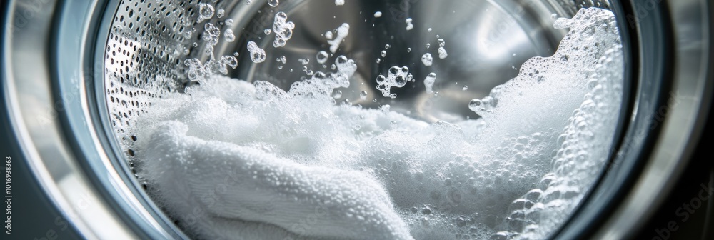 Poster the washing machine drum is filled with fluffy, white towels soaking in soap and water as they under