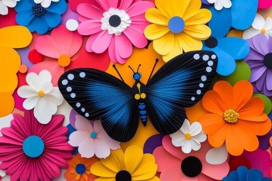 Black butterfly is on a yellow background with pink flowers. The butterfly is surrounded by orange flowers. vivid pop Surrealism baterfly and flowers fulcolors