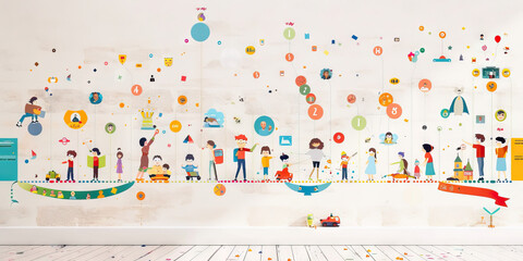 A timeline, stretching across a wall, depicting significant events and milestones in the family's history, accented with colorful stickers and ribbons.