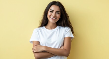 Obraz premium caucasian young woman yellow background wearing plain white tshirt smiling happy portrait