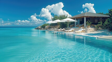 Fototapeta premium Private Island Paradise, Indulge in turquoise waters and white-sand beach, private beachfront villas.
