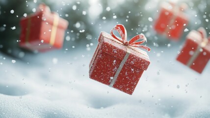 Fototapeta premium Red gift boxes with gold ribbons floating in the air, surrounded by falling snowflakes and a snowy winter landscape