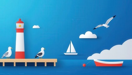 Naklejka premium Colorful Coastal Scene with Lighthouse and Birds