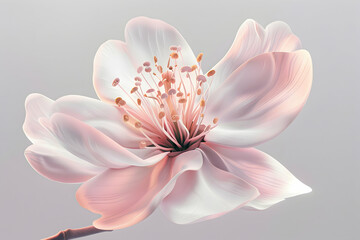 A single delicate pink flower with soft petals and a yellow center blooms against a light gray background.
