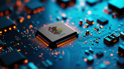 A Illinois themed chip is placed on a detailed circuit board, with glowing connections that emphasize influence in electronics, computing, and tech innovation.
