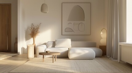 Fototapeta premium A cozy and inviting living space featuring a minimalist white canvas setting, Showcasing minimalist furniture arrangements for a warm and welcoming ambiance