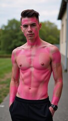 Obraz premium Professional outdoor shoot featuring a diverse young male fashion model with vitiligo showcasing a stylish pink-and-black look in the metrosexual aesthetic