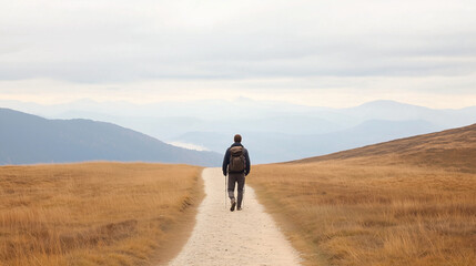 Obraz premium Hiker in Mountains Facing Unfamiliar Path with Worried Expression