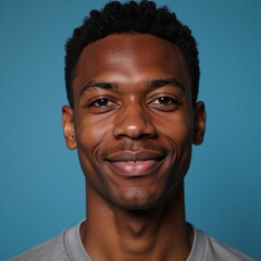 Obraz premium Close-up portrait of an elated African American male model with brown hair against a blurred deep sky blue background with ample copy space