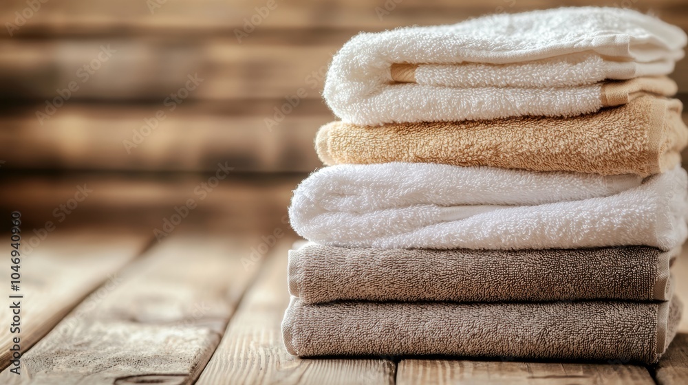 Poster Soft, neatly stacked towels in light and neutral colors resting on a wooden table create a cozy and serene atmosphere. Generative AI