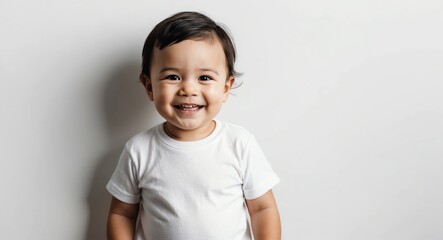 caucasian toddler boy white background wearing plain white tshirt smiling happy portrait