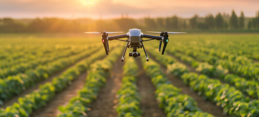 Drone flying over a green field at sunset