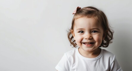Fototapeta premium caucasian toddler girl white background wearing plain white tshirt smiling happy portrait