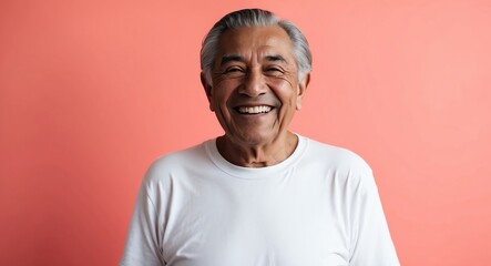 Obraz premium hispanic latino elderly man colorful background wearing plain white tshirt smiling happy portrait