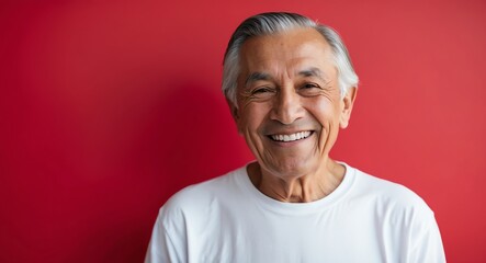 Obraz premium hispanic latino elderly man red background wearing plain white tshirt smiling happy portrait