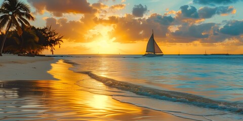 Sailboat gliding along tropical beach at golden sunset with palm trees and reflections on wet sand