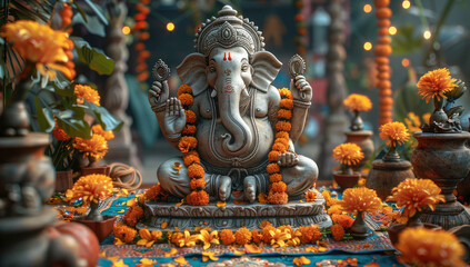 Obraz premium Lord Ganesha sitting on a beautifully decorated table with vibrant marigold flowers, colorful patterns, and twinkling fairy lights in the background.