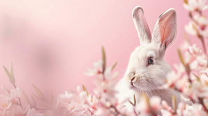 Obraz premium Easter bunny on pink background with copy space, greetings card design