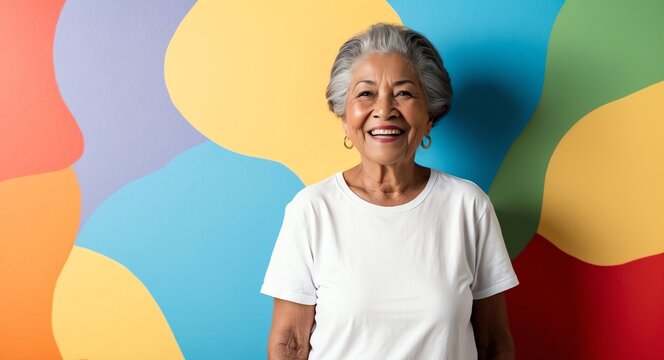 hispanic latino elderly woman colorful background wearing plain white tshirt smiling happy portrait