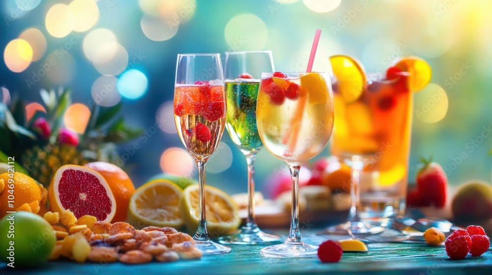 Poster a vibrant display of colorful cocktails and fresh fruit slices arranged on a table, perfect for a fe
