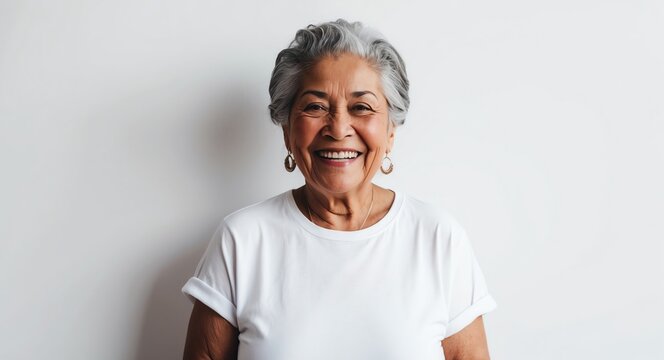hispanic latino elderly woman white background wearing plain white tshirt smiling happy portrait