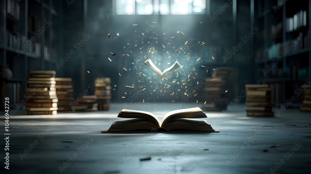 Aufkleber dreamy bokeh surrounds an ancient book opening radiating a soft magical glow with stacked old books 