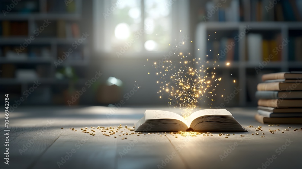 Poster the mystical unveiling of a magical book in a dreamy bokeh filled atmosphere surrounded by stacks of