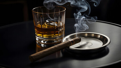 there is a glass of whiskey on the table and a cigar is smoking next to it