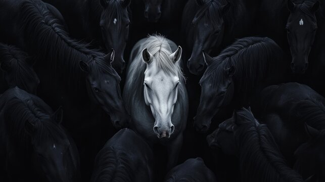 Surreal artistic image of white horse among a group of black horses