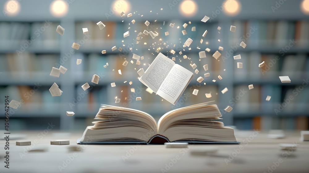 Aufkleber magical book opens in a dreamy bokeh filled atmosphere surrounded by stacks of old books that emanat