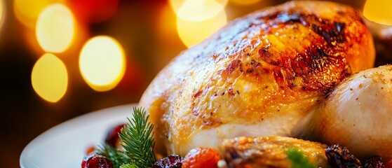 A sumptuous Thanksgiving turkey rests on a serving platter, surrounded by vibrant sides and illuminated by soft, twinkling lights, inviting guests to feast